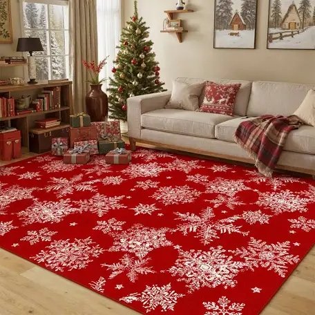 Chamora Washable Christmas Rug with Classic Red and Snowflake Design