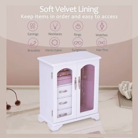 10 In. Cream White Wooden Jewelry Box With Mirror, Necklace Hooks, Velvet Lining And 3 Drawers