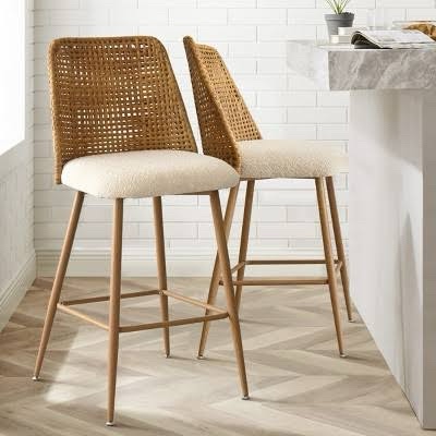 Kirkby 27'' Seat Height Organic Modern Rubberwood & Rattan Cane Counter Height Stool with Upholstered Seat