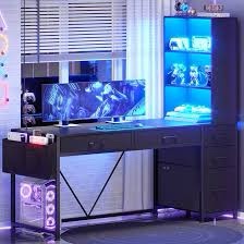 5-Drawer LED Computer Desk with Bookshelves and Filing Storage