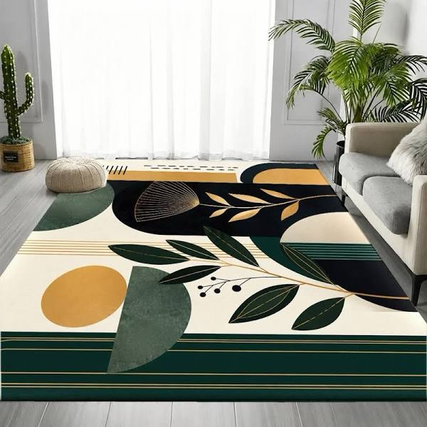 Abstract Geometric Area Rug, Emerald Green Gold Pattern, Machine Washable Non-Slip Floor Mat, Modern Home Decor for Living Room, Bedroom, Study, Dining Room, Apartment