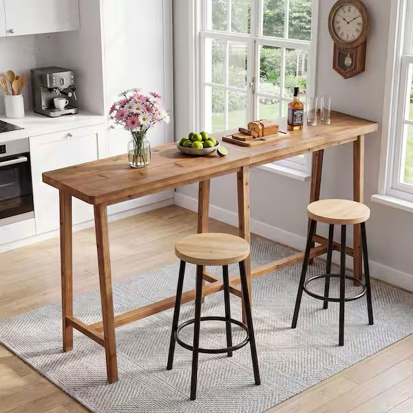 41 in. Solid Wood Brown Bar Table with Wooden Footrest, Extra Long Pub Table for Kitchen & Home Bar