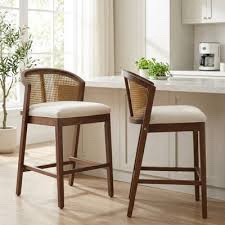 Kirkby 27'' Seat Height Organic Modern Rubberwood & Rattan Cane Counter Height Stool with Upholstered Seat