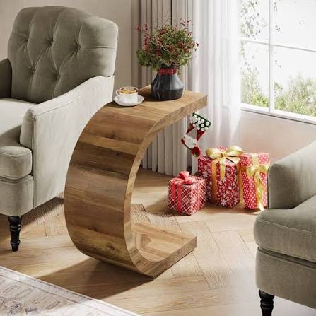 Sculptural Wooden C Shape Accent Table for Bedroom Sofa Use - Modern Style Narrow End Table for Living Room Side Display - 26", Brown