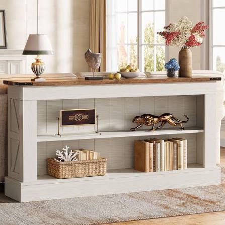 Extra Long Farmhouse Console Table for Home Office – 63" Narrow Entryway Accent with 3 Open Shelves & Drawer – Thickened Base