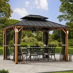 Staysha 10X12 Wood Gazebo, Hardtop Gazebo With Iron Roof Double Roof, Grill Gazebo With Wood Frame For Patio, Backyard, Lawns, Parties, Black + Natural Wood 3