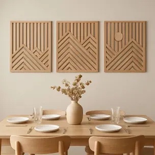 Modern Decorative Wall Art Panel with Geometric Black and Natural Wood Strip Design
