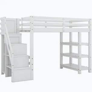 Kids Loft Bed with Storage Stairs and Wardrobe, Solid Wood Loft Bed with Book Shelves for Small Bedroom