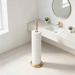 Free Standing Toilet Paper Holder with Reserve Storage, Spare Roll Stand for Bathroom, Holds 5 Rolls on Base, Brushed Gold Stainless Steel, No Drilling Required