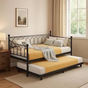 Twin Daybed with Trundle, Day Bed with Charging Station and LED Lights, Heavy Duty Metal Bed Frame, Metal Sofa Bed Frame with Steel Slat Support for Living Room, Bedroom, Apartment, Black
