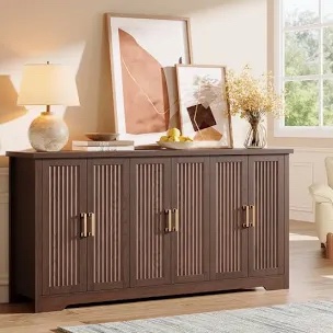 67" Fluted Buffet Cabinet with Storage, 6 Doors Mid Century Modern Sideboard, Large Credenza w/Adjustable Shelves, Wood Coffee Bar Table for Dining Room/Kitchen/Entryway, Walnut