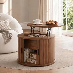 31.5" Round Lift Top Coffee Table With Sliding Tambour Door And Hidden Storage