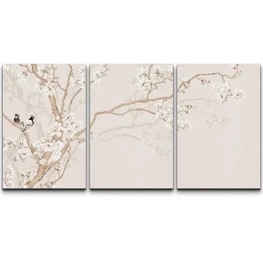 Bird in Cherry Blossom Tree Minimalism Illustrations Modern Art Botanical Floral Farmhouse Country
