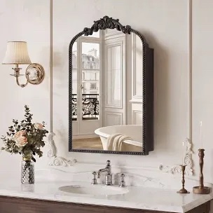 Vintage Medicine Cabinet with Mirror, Wall Mounted Bathroom Storage with Recessed/Surface Mount Options, Baroque Retro Design, Beaded Border, Easy Install Mirror Cabinet