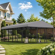 Box 3 of 3 10X20X6.5 Ft Large Outdoor Dog Kennel, Flexible 2 Door Design & Waterproof Roof, Heavy Duty Steel Frame Pet Cage With Reinforced Mesh, Secure Outside Dog Kennel For Dogs, Pets, Farm & Backyard Spaces Box 1 Of 3