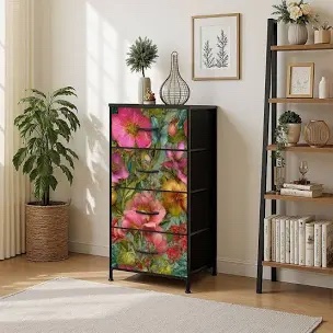 4 Drawer Vertical Storage Dresser Exotic Flower Forest Ferns Dew with Wood Top Fabric Pull Drawers
