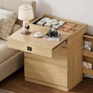Fingerprint Lock Nightstand with Hidden Compartment,3 Drawer Wood Bedside Table with Side Storage, Modern End Table for Bedroom Living Room,Natural Wood Night Stand Safe Jewelry Cabinet
