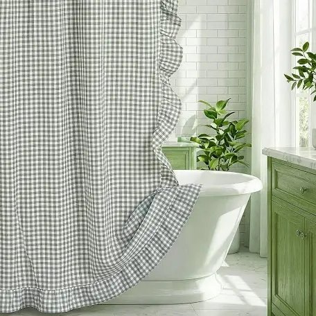 Hunnming Ruffled Gingham Shower Curtain with Hooks for Bathroom Decor