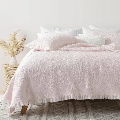HH Stone-Washed Crinkled Quilt Set (Pink, Queen)