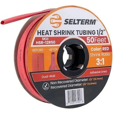 Selterm 1/2" Dual-Wall Adhesive Lined Heat Shrink Tubing, Red, 50 Feet