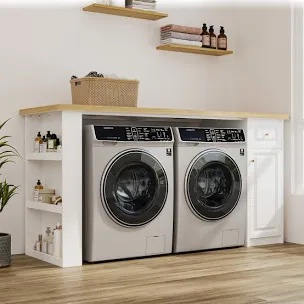 Washer Dryer Storage Table With Shelves And Drawer For Laundry Room,Box A
