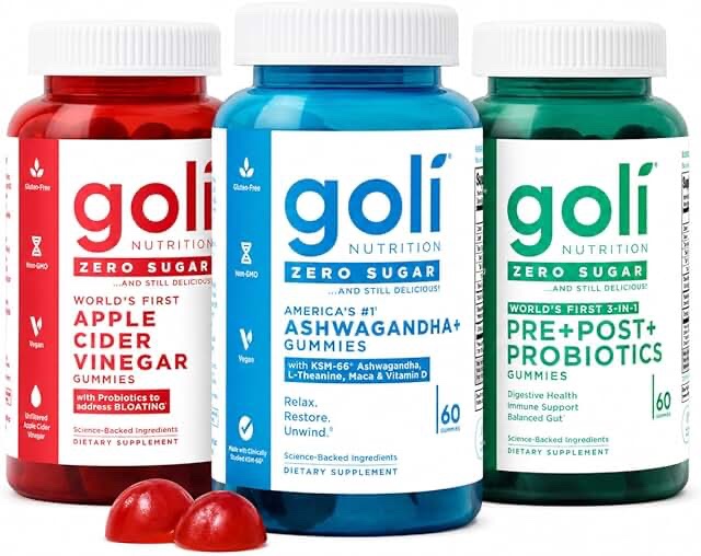 Goli Nutrition Zero Sugar Gummies Variety 3-Pack (Ashwagandha+, Apple Cider Vinegar+, Pre+Post+ Probiotics)