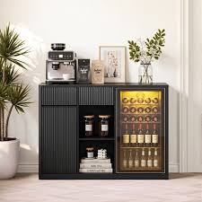 Modern coffee bar cabinet with fridge space and wine storage, mini fridge cabinet with built-in outlet, drawer and wine tray, versatile buffet sideboard