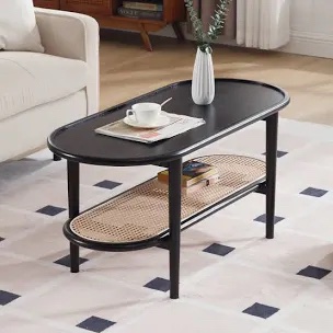 Arzate Solid Wood Oval Coffee Table with Rattan Shelf
