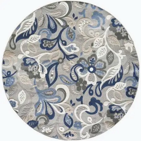 Floral Pattern Round Area Rug, Blue and Grey
