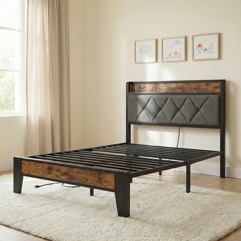 (Grey not brown)- Anctor Upholstered Bed Frame with Headboard