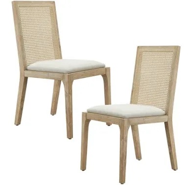 Natural Wood Frame Cane Back Dining Chair with Upholstered Seat 1 of 2