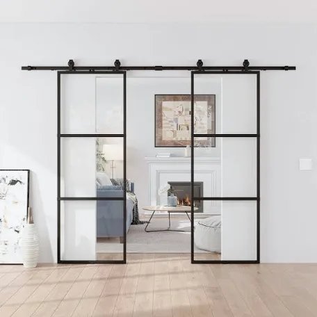 Metal and Glass Sliding Double Barn Door