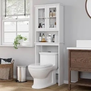 Freestanding Over-the-Toilet Storage Cabinet with Clear Glass Door