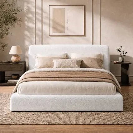 CloudβStyle Upholstered Platform Bed Frame with Boucle Headboard, 5βInch Plush Foam Padding, Curved Design, HeavyβDuty Metal Slats, Hidden HookβandβLoop, No Box Spring Needed, Easy Assembly