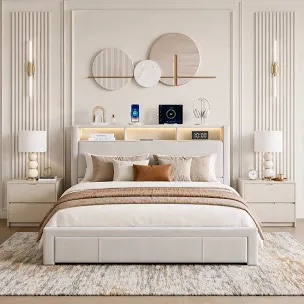 Upholstered Bed with Drawers, Storage Headboard with Charging Station and LED Light, Bo Spring Mattress Needed