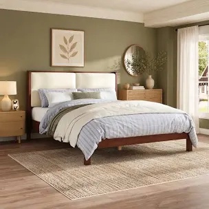 Wood Platform Bed Frame with Upholstered Headboard