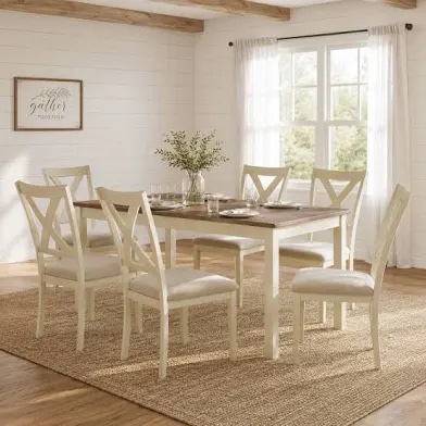 Box 2/2 6 - Person Farmhouse Rectangular Solid Wood Dining Set, Brown/white-box 2