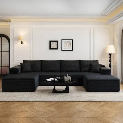 Incomplete 134.5"Cloud Couch Modular Sectional Sofa for Living Room,U-Shape Boneless Couch with Deep Seat,Modern Corduroy 4-Seater with Ottoman, No Assembly Required,black