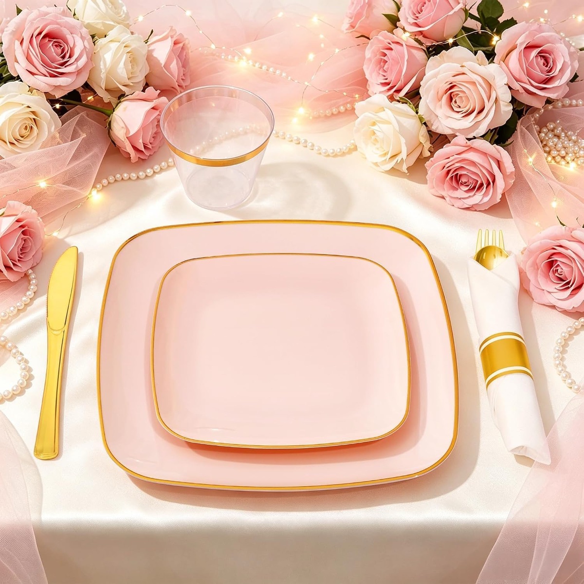 (Plates only)bUCLA 100 Piece Square Pink and Gold Plastic Plates Set