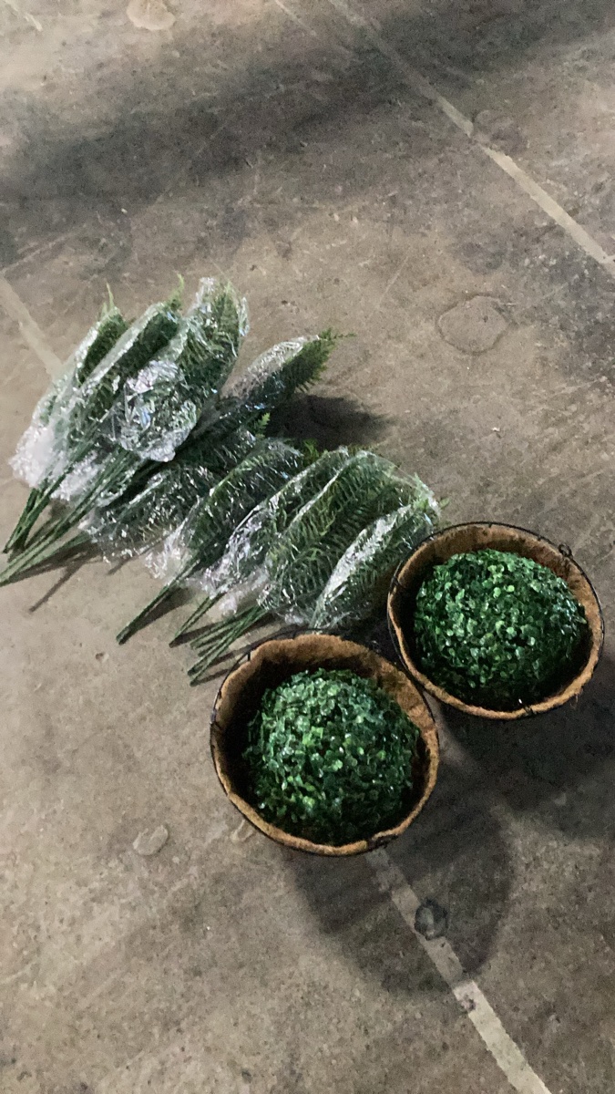 Artificial Topiary Boxwood Spheres in Hanging Coco Liner Planters with Fern Sprigs