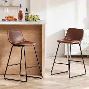2 pcs HeuGah 26" Faux Leather Bar stools - Whiskey Brown