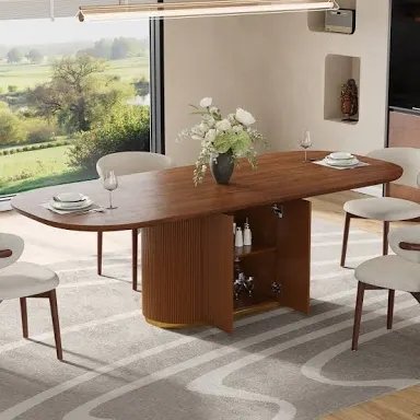 Mid Century Brown Wood Dining Table For 8-10 Oval