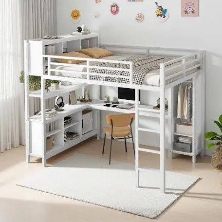 Metal Loft Bed with Wardrobe, L-Shape