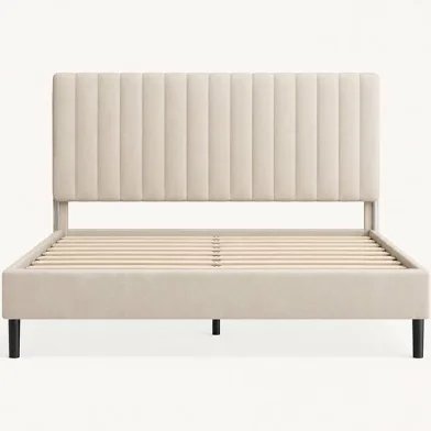 Seamas Velvet Upholstered Bed Frame with Vertical Channel Tufted Headboard, Full Size -beige