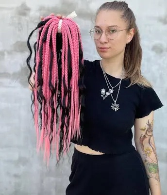 Synthetic Crochet Hair Extensions, Curly Locs, Black and Pink Mixed Color with Crochet Hook