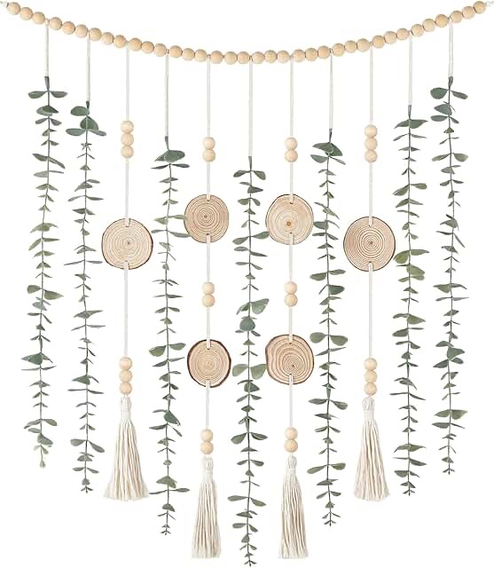 Boho Farmhouse Style Decorative Wooden Bead Garland with Eucalyptus and Sunflower Accents
