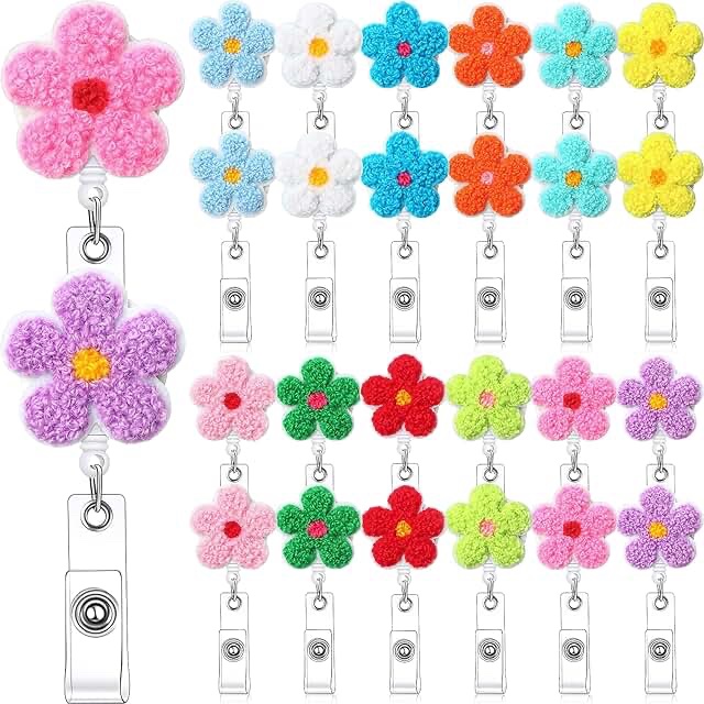 Assorted Colorful Felt Flower Badge Reels - Set of Decorative ID Holder Clips