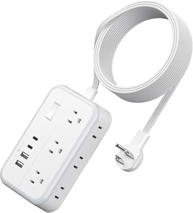 White Power Strip Extension Cord with Adhesive Cable Clips