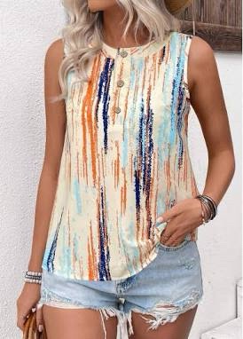 Women's Sleeveless Color Block Tank Top with Decorative Buttons