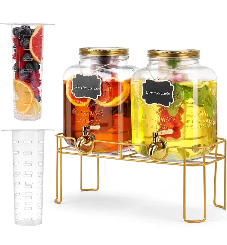 1.6 Gallon Glass Beverage Dispenser with Stand, 2-Pack (Golden)